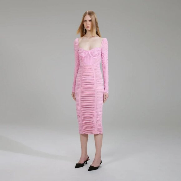 NEW! Self Portrait Pink Power Mesh Long Sleeve Midi Dress Pink - Picture 3 of 11